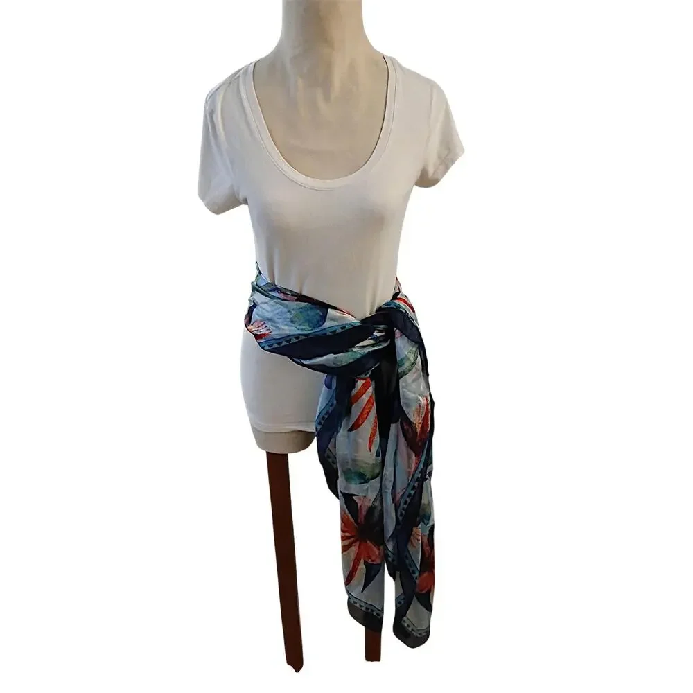 100% SILK‎ Scarf Vietri Milano Long Wrap 41x69 Blue Colorful Modern Art Tropical